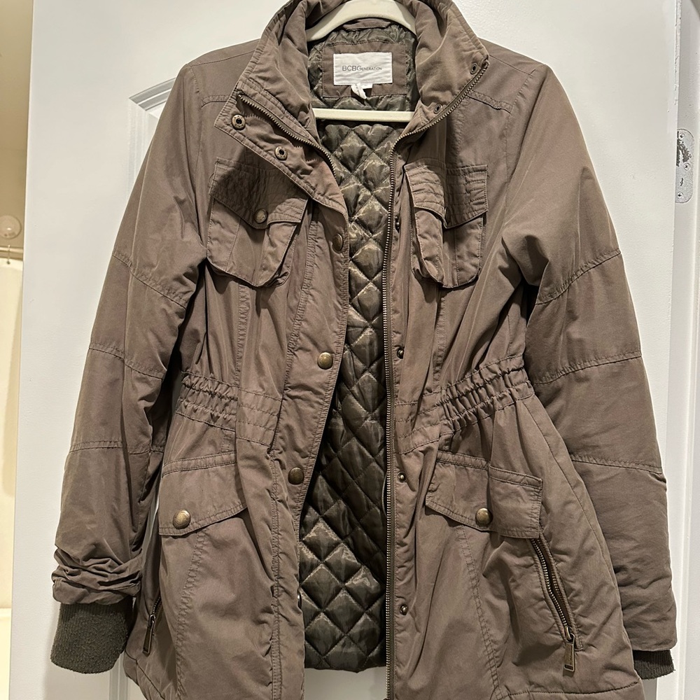 BCBGeneration Coat in Army Green with detachable fur hood in size medium